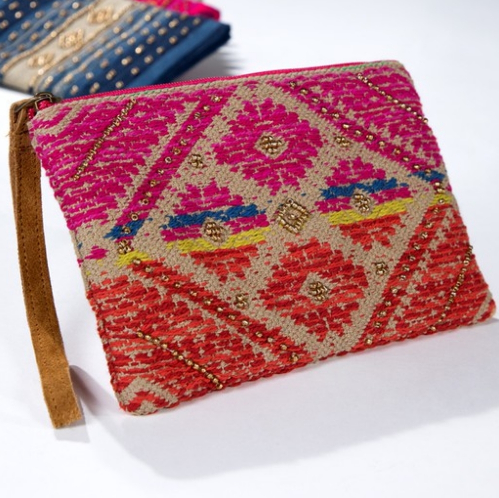 Handmade Hand Beaded Wristlet Clutch - Ethnic Inspired Design - Dyed Fine Cotton - Picture 5 of 7